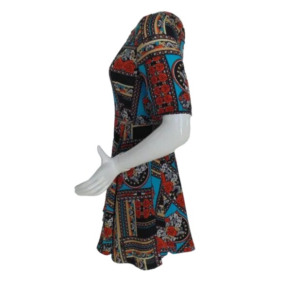 MINKPINK Dress, Jr M, Geometric Floral/Roses, Skater, Poly, Aqua/Black/ - Picture 6 of 12